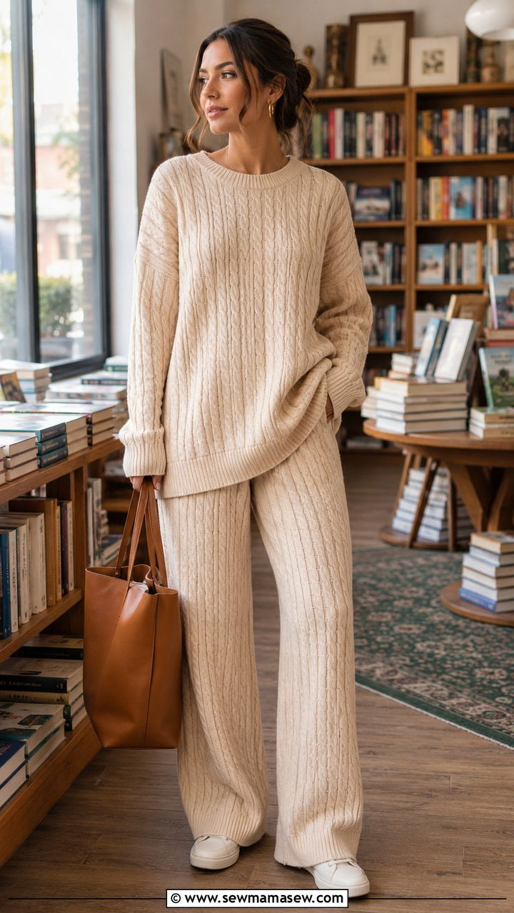 Beige cable knit sweater and pants set - 30 Sweater and pants matching set outfit ideas