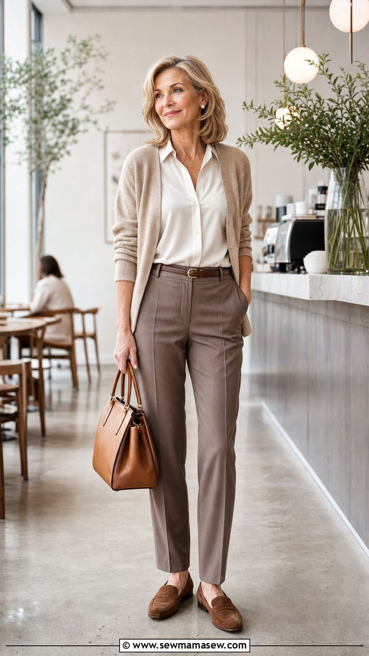 Beige cardigan layered over silk blouse outfit - 35 Business casual outfits for women over 50