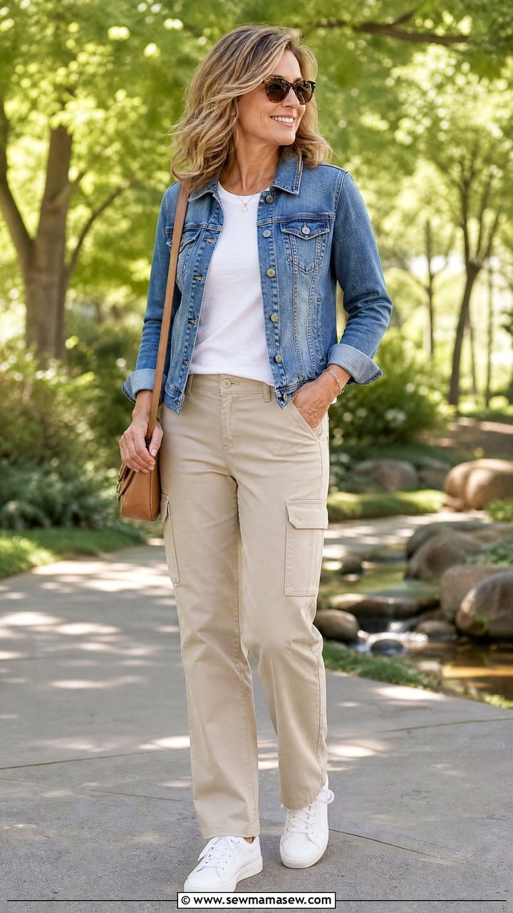 Beige cargo pants with denim jacket and sneakers - 25 Cargo pants outfit ideas for women over 40