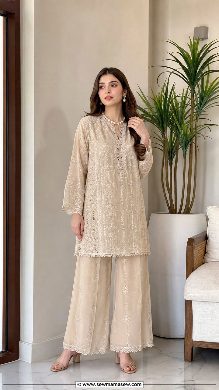 Beige chikankari co ord set with nude heels - 25 Iftar party outfit ideas