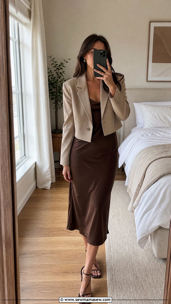 Beige cropped blazer slip dress heels - 30 Cropped blazer outfit ideas with heels