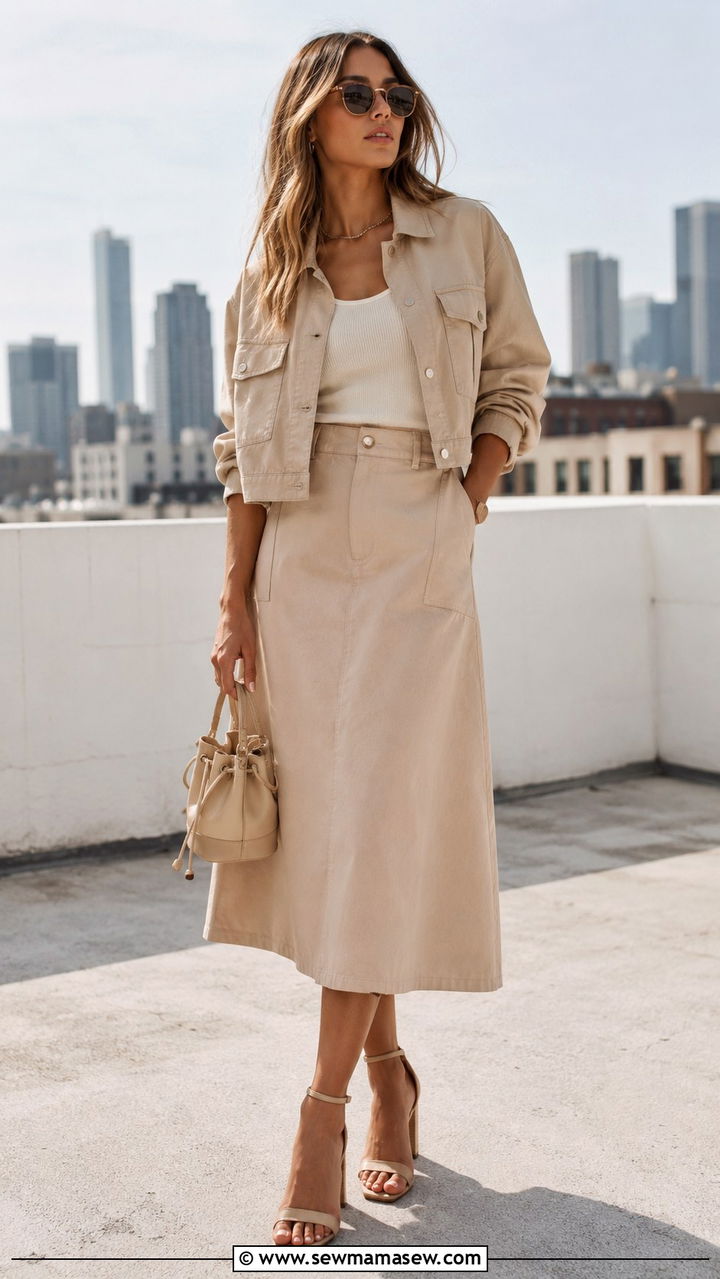 Beige cropped jacket and midi skirt - 30 Monochromatic beige outfits