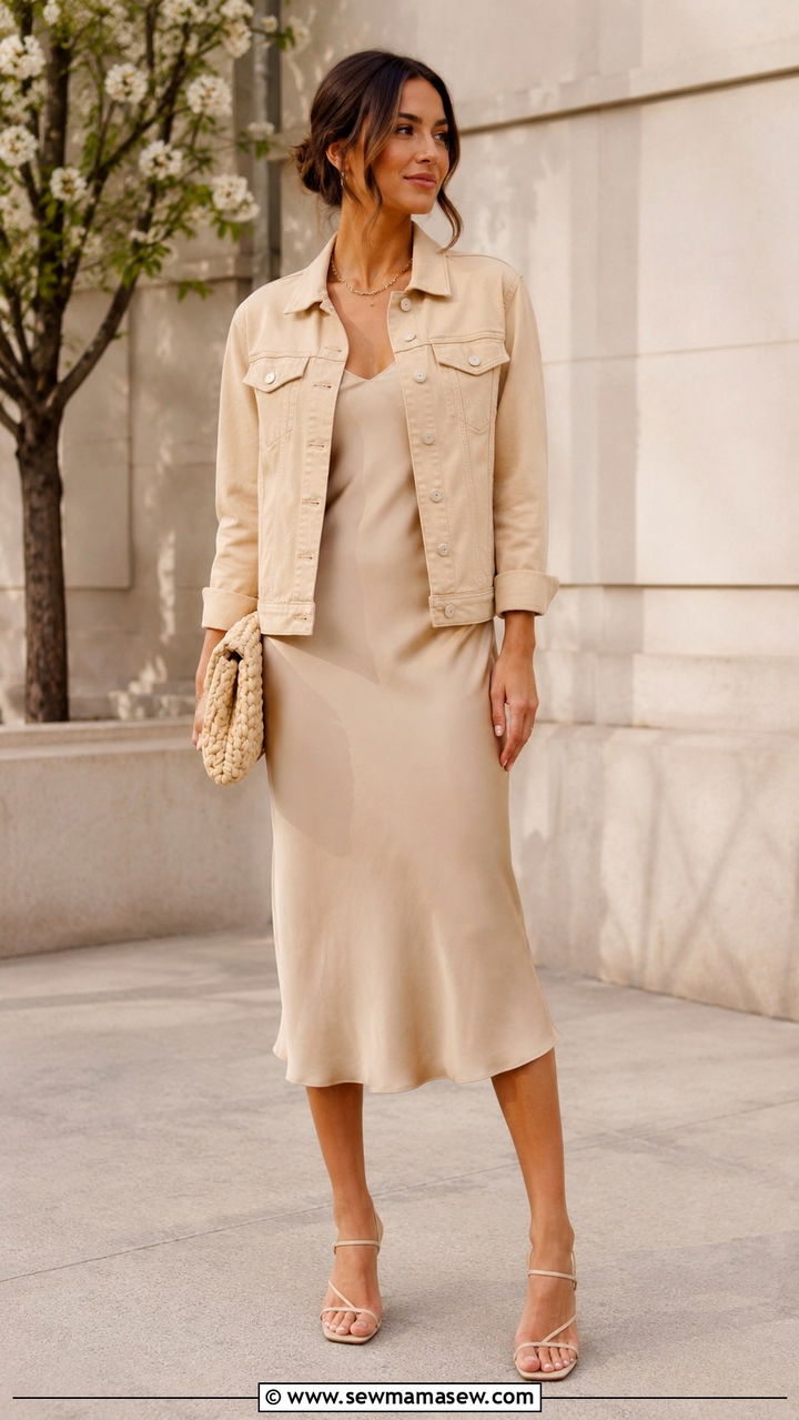 Beige denim jacket and dress - 30 Monochromatic beige outfits