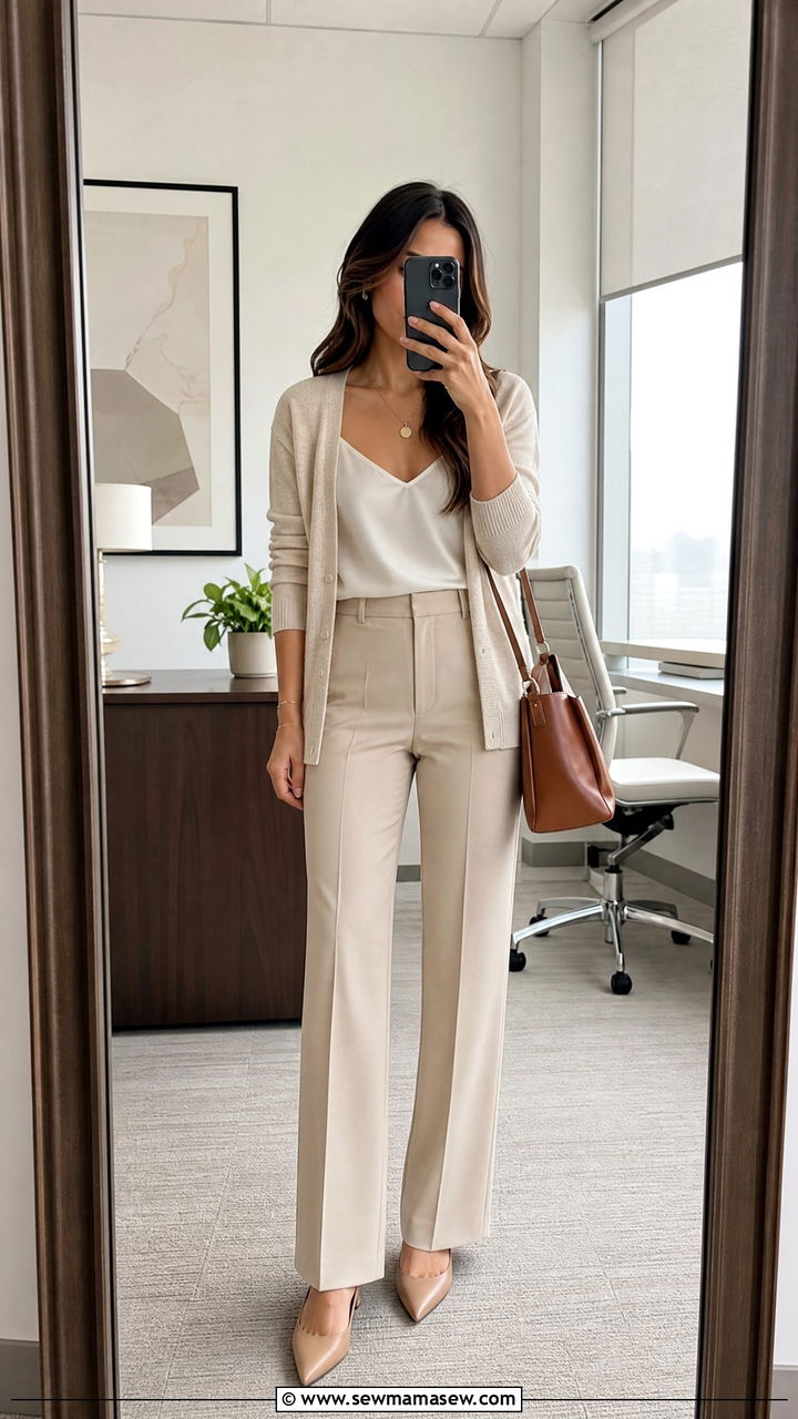 Beige dress pants with silk camisole and cardigan outfit - 30 Summer outfit ideas for realtor