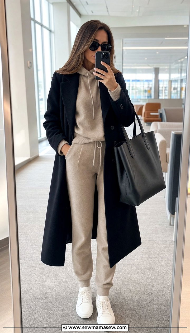 Beige joggers with cashmere hoodie and overcoat - 35 Airport outfit ideas quiet luxury