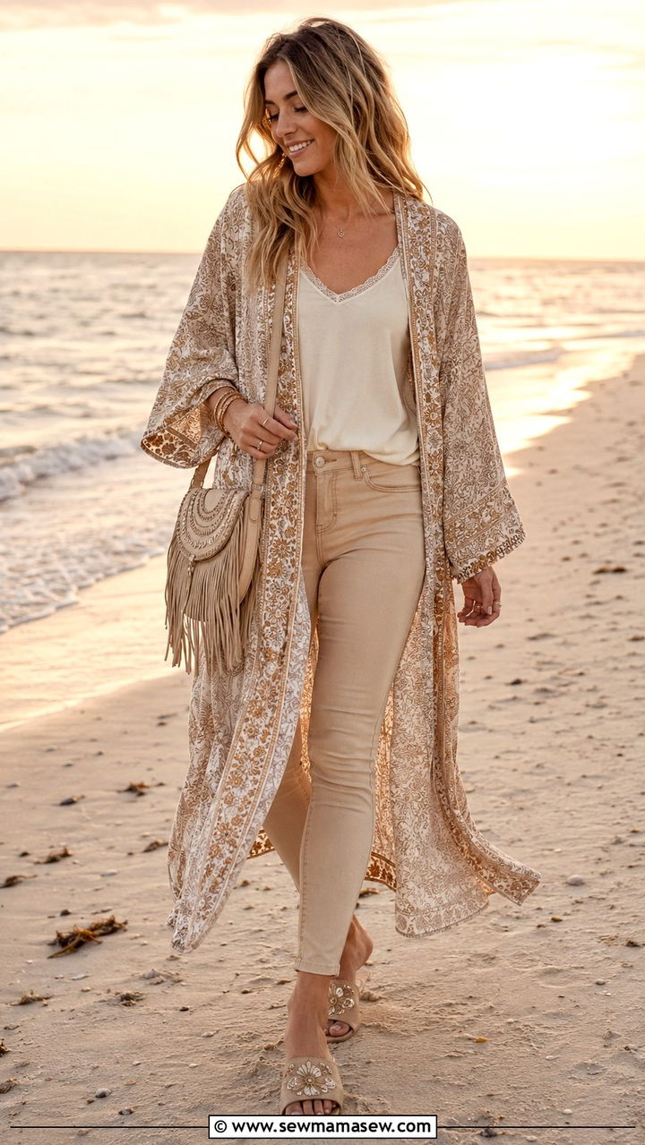 Beige kimono and jeans - 30 Monochromatic beige outfits