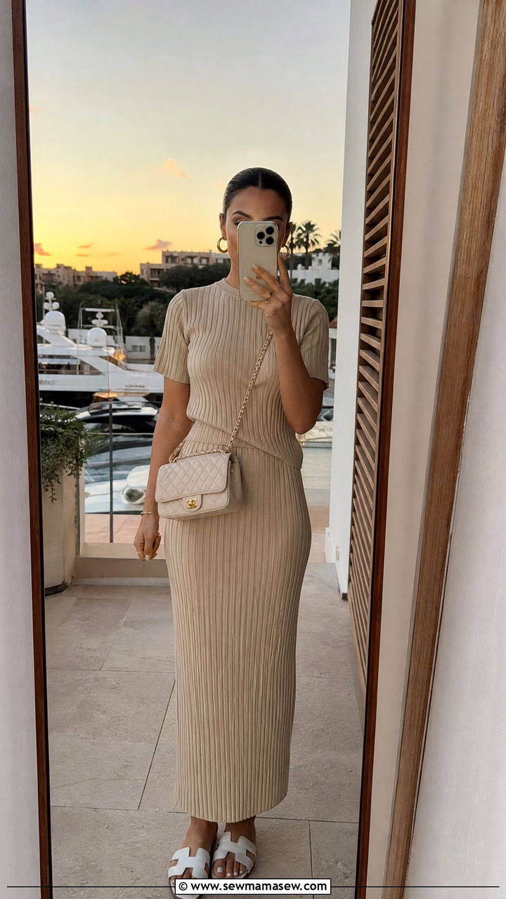 Beige knit co ord set modest resort outfit - 30 modest resort vacation outfit ideas