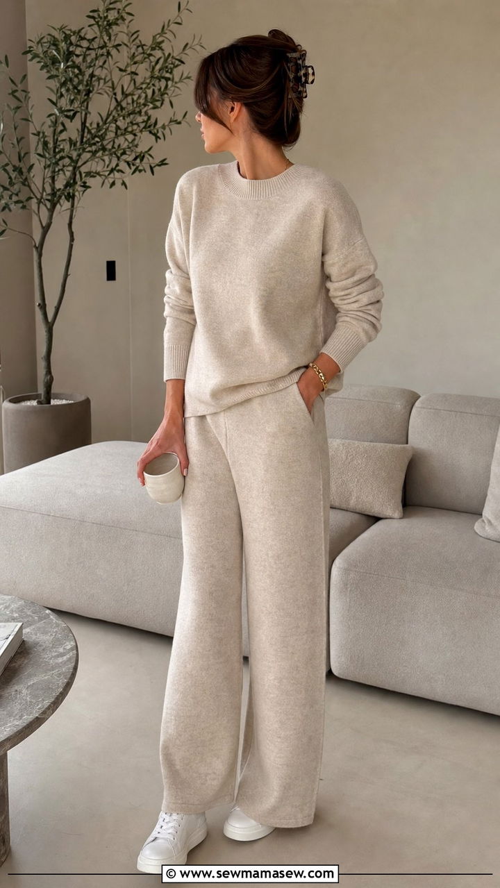 Beige knit matching set and white sneakers - 25 cute clean girl outfits