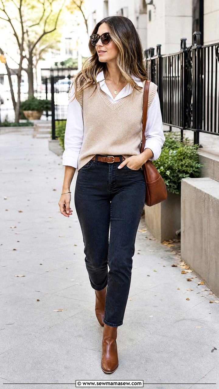 Beige knit sweater vest over white shirt with dark jeans - 25 Business casual outfits with vest