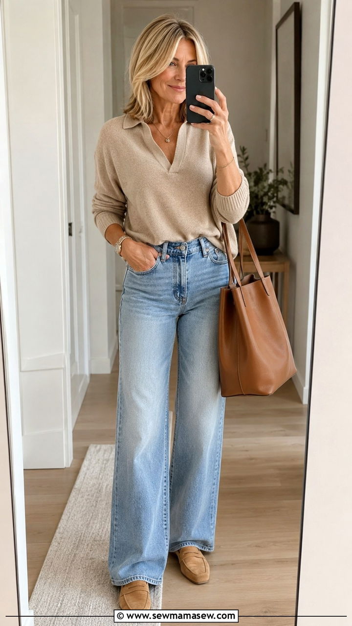 Beige knit top and light blue wide leg jeans over 50 - 20 How to style wide leg jeans over 50