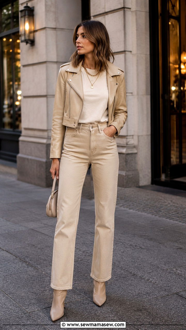 Beige leather jacket and beige jeans - 30 Monochromatic beige outfits