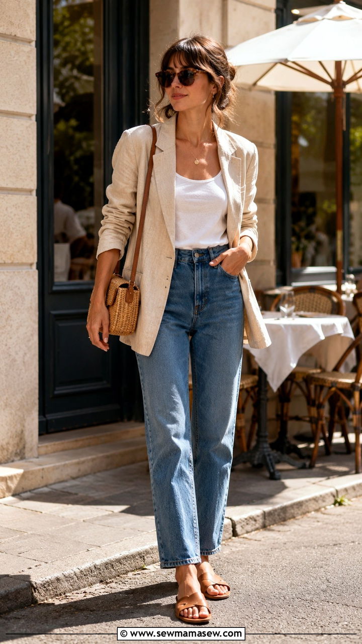 Beige linen blazer with a white tank and blue jeans - 30 casual french girl outfits