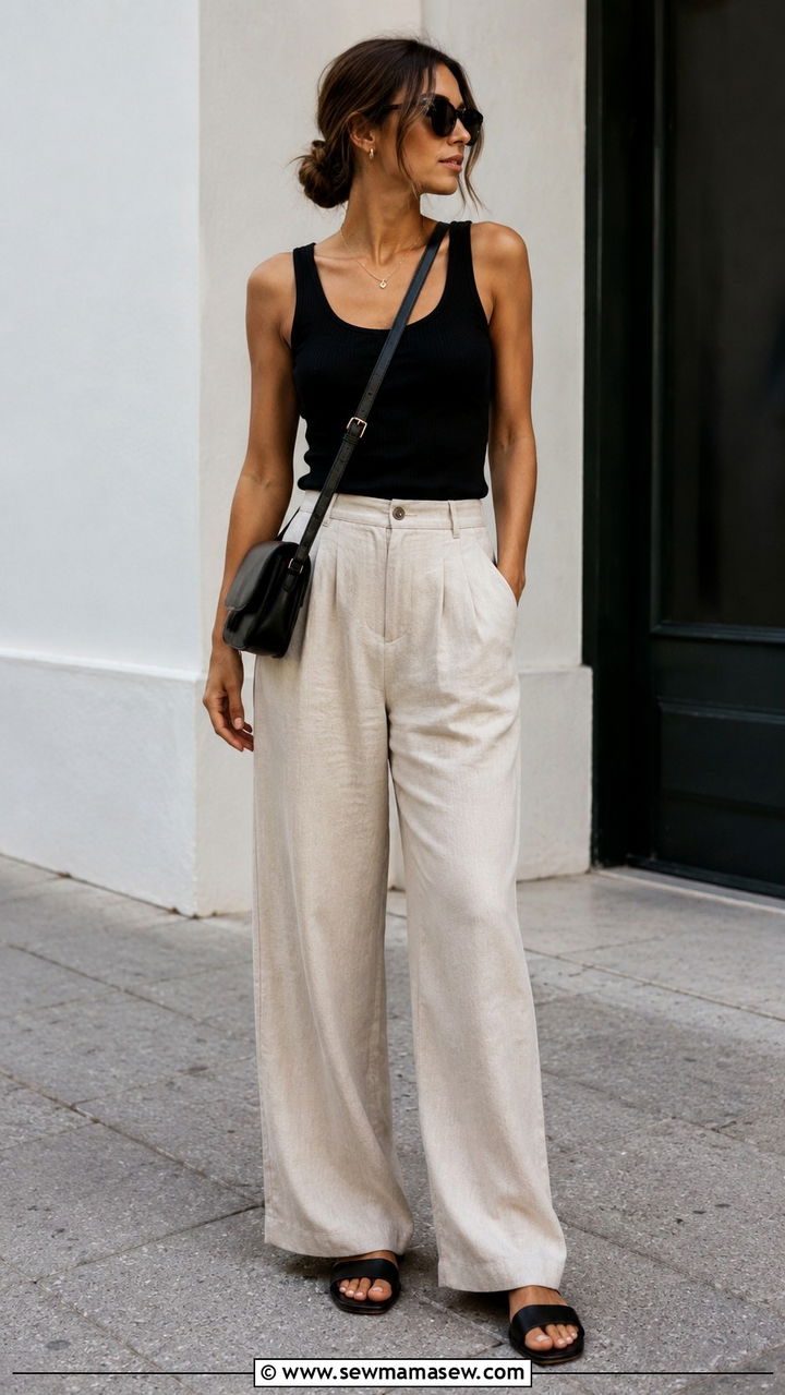 Beige linen pants with black tank top - 30 Linen pants outfit ideas with a tank top