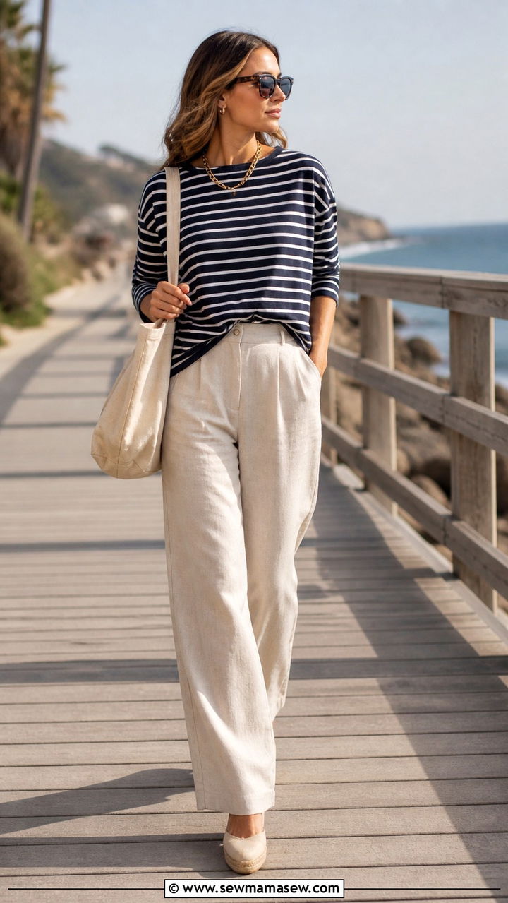 Beige linen pants with striped Breton tee and espadrilles - 40 linen pants outfits for women