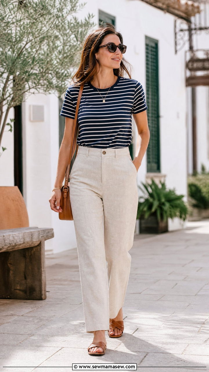 Beige linen trousers with striped tee and crossbody bag - 25 How to style linen pants in summer