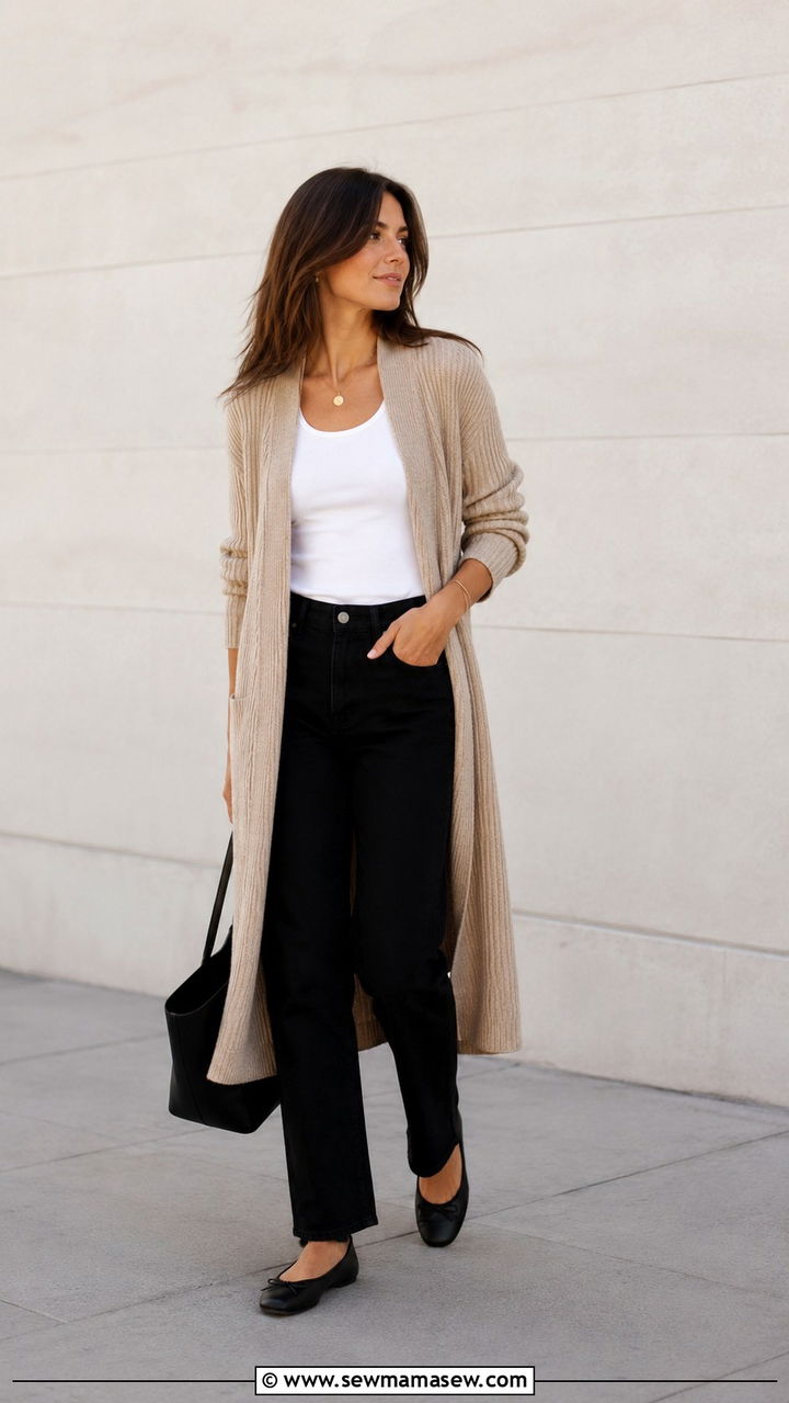 Beige longline cardigan with white tank and black straight leg jeans - 30 quiet luxury capsule wardrobe outfits