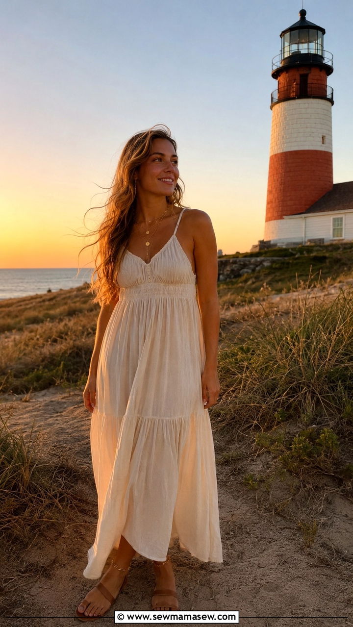 Beige maxi dress with gold anklet outfit - 30 Nantucket outfit ideas