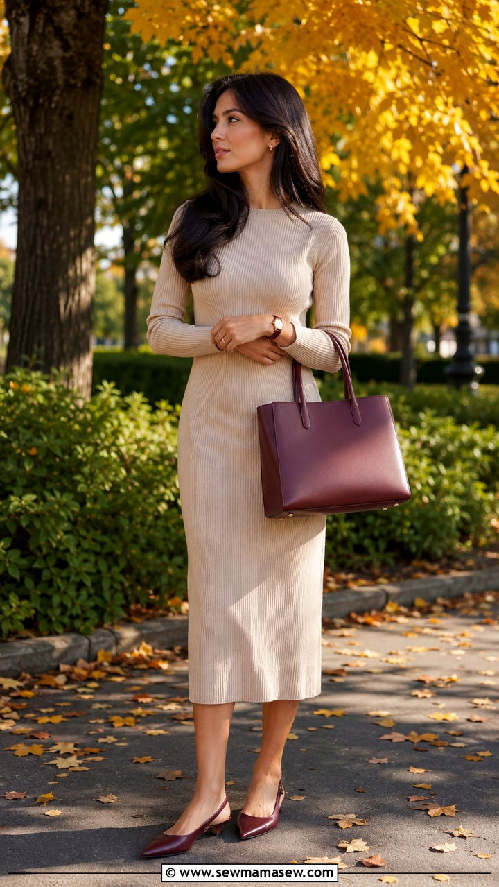 Beige midi dress and burgundy accessories outfit - 30 quiet luxury outfits to copy