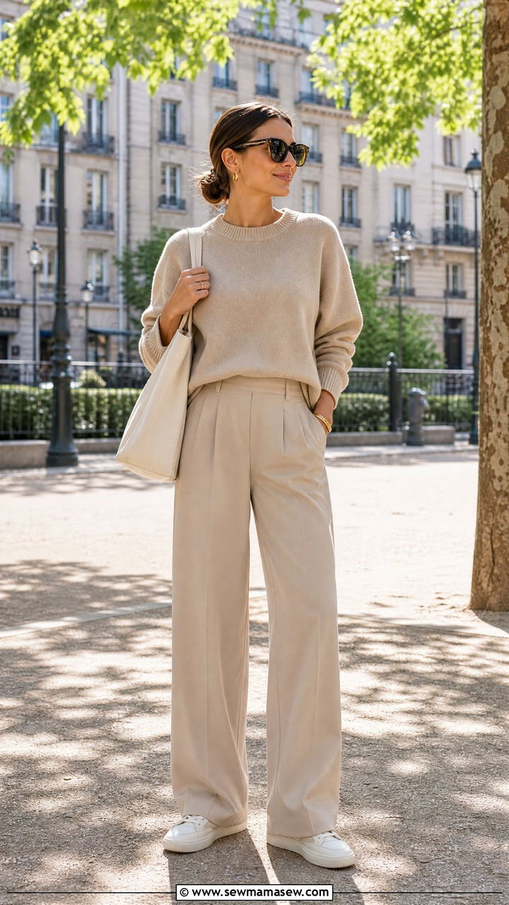 Beige monochrome knit and wide leg trousers - 30 minimalist outfits for women