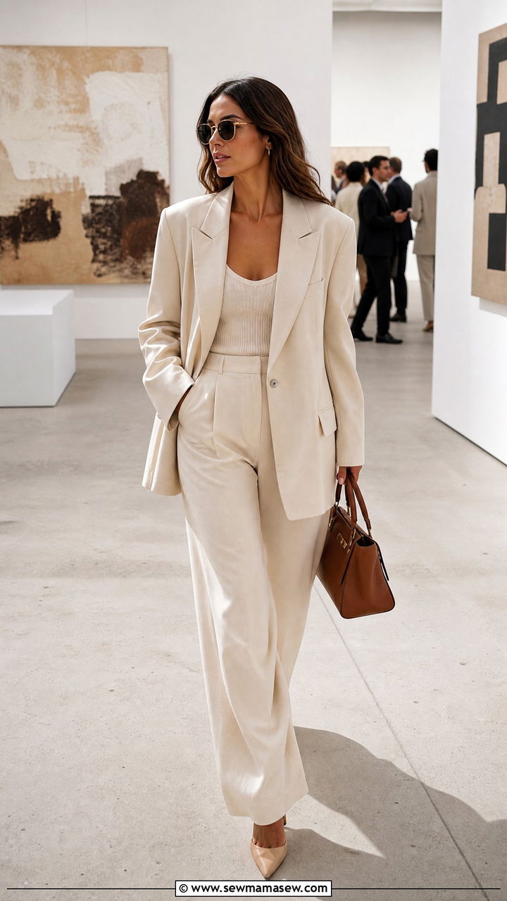 Beige monochrome suit art gallery opening - 30 Gallery opening outfit ideas