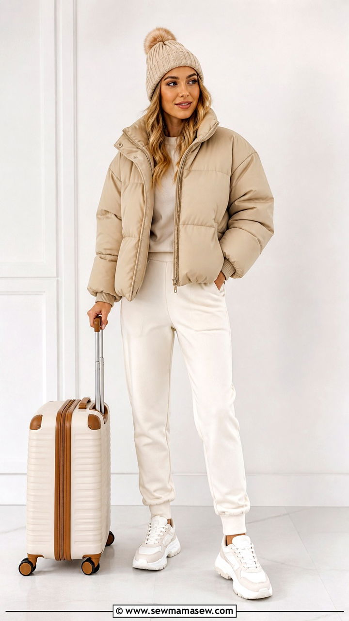 Beige puffer jacket with cream joggers and chunky sneakers - 40 Puffer jacket outfit ideas
