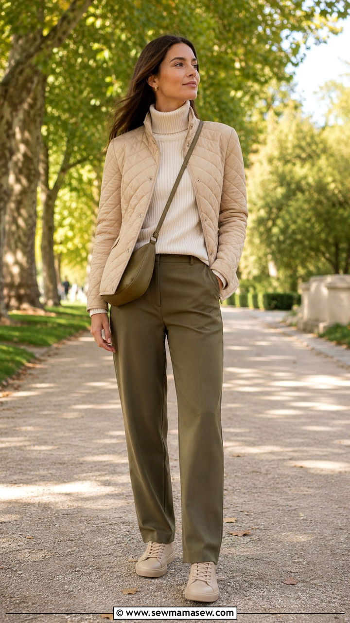 Beige quilted jacket with cream knit and olive straight trousers - 20 Quiet luxury Loro Piana dupes outfit ideas