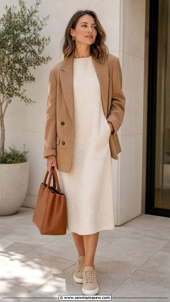 Beige shift dress with tonal sneakers outfit - 25 Shift dress outfit ideas with sneakers