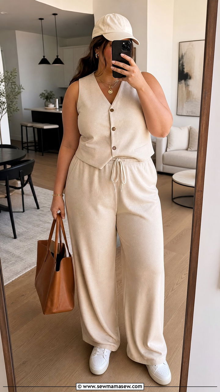 Beige sleeveless vest top with matching drawstring pants - 30 Clean girl outfit ideas plus size