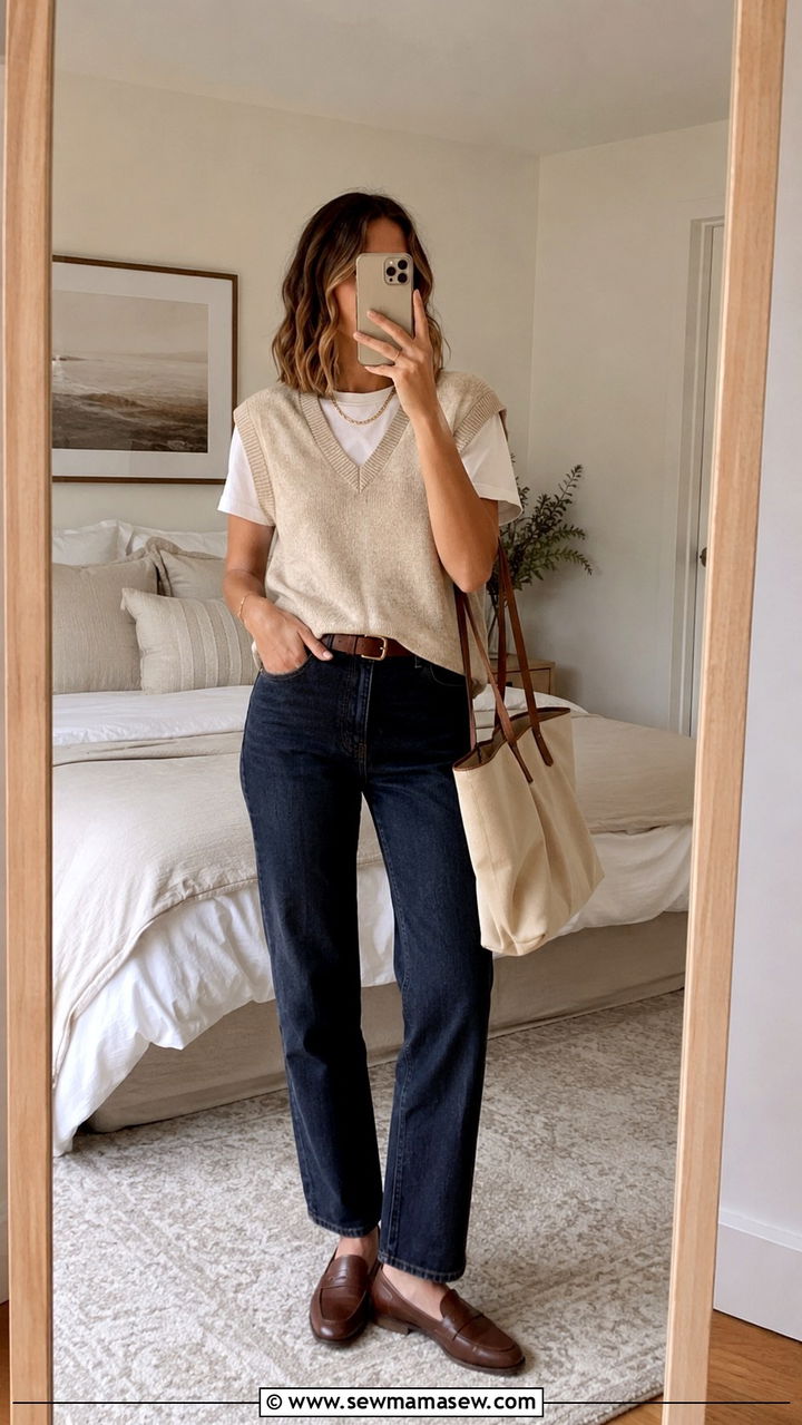 Beige sweater vest with dark wash jeans outfit - 25 Old money outfit ideas with sweater vest