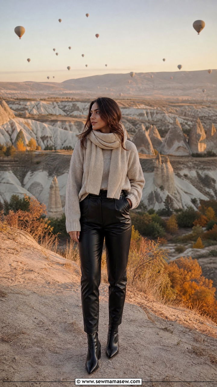 Beige sweater with leather trousers Cappadocia outfit - 25 Cappadocia outfit ideas