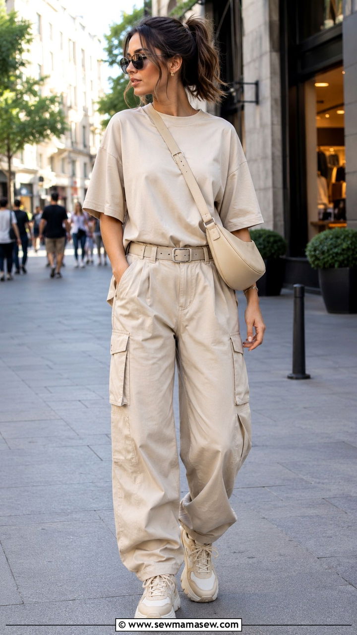 Beige t shirt and cargo pants - 30 Monochromatic beige outfits