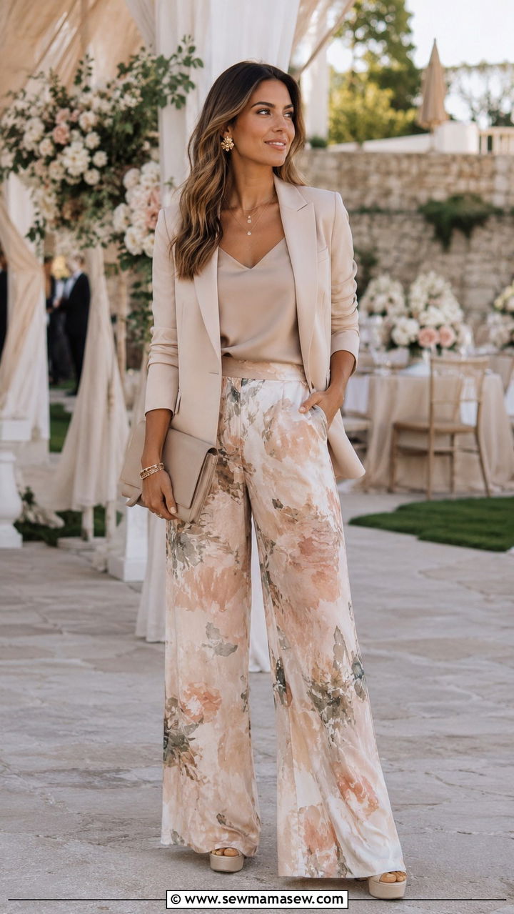 Beige tailored blazer with printed palazzo pants and cami - 20 Tailored blazer outfit ideas for a wedding