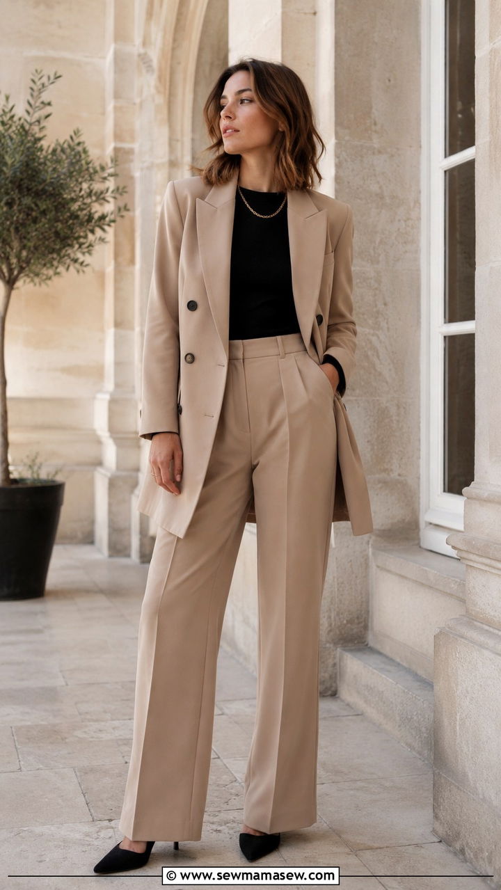 Beige tailored suit with a black top - 20 French girl outfit ideas Lea Seydoux