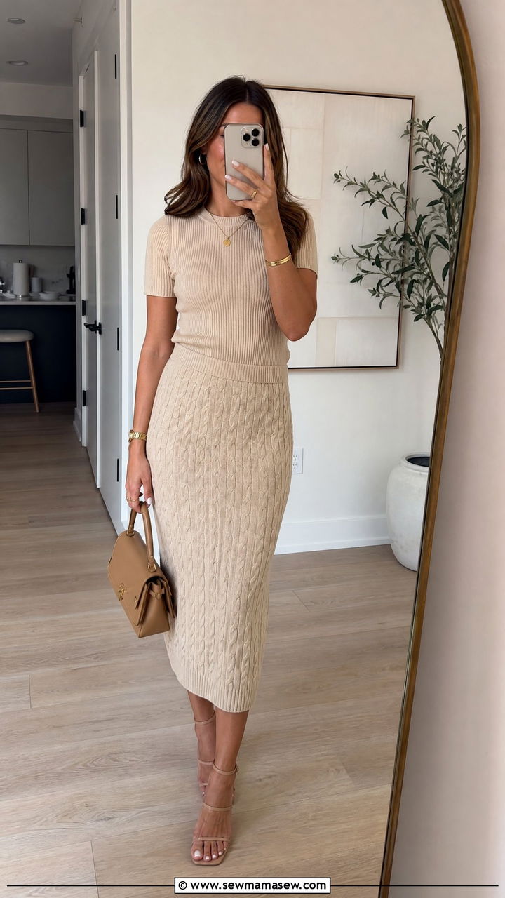 Beige tonal knit set outfit - 30 Muted color outfit ideas