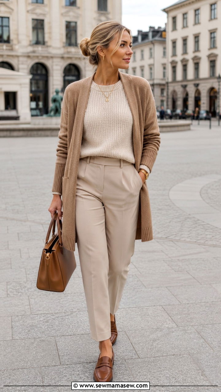 Beige tonal layers with tailored trousers and loafers - 25 Scandinavian cozy outfit ideas