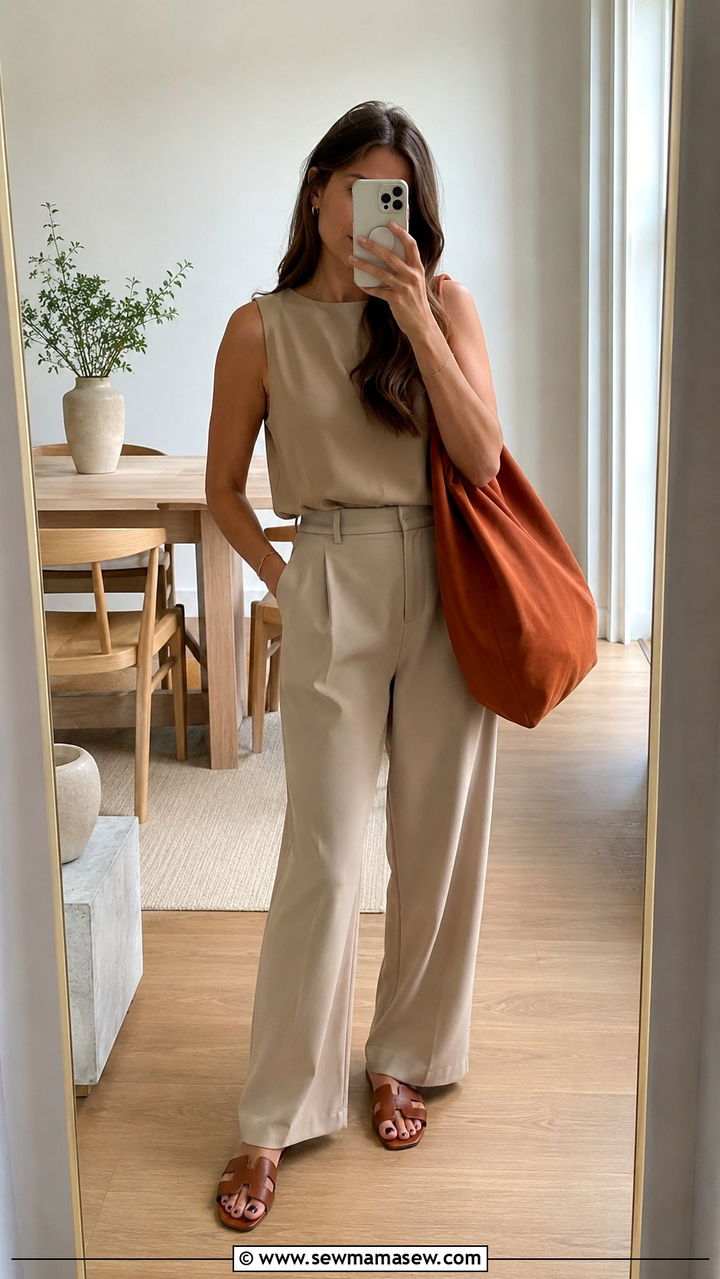 Beige tonal outfit with burnt orange tote - 20 spring outfits with color pop bag