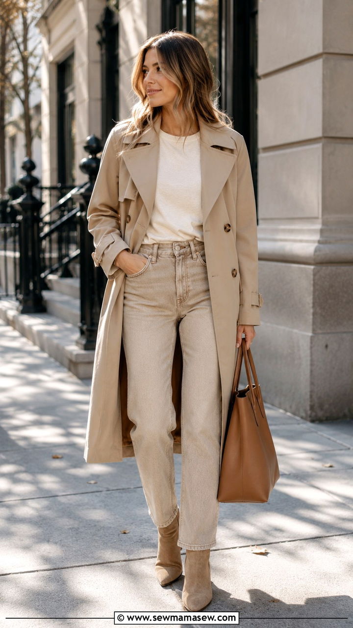 Beige trench coat and jeans outfit - 30 Monochromatic beige outfits