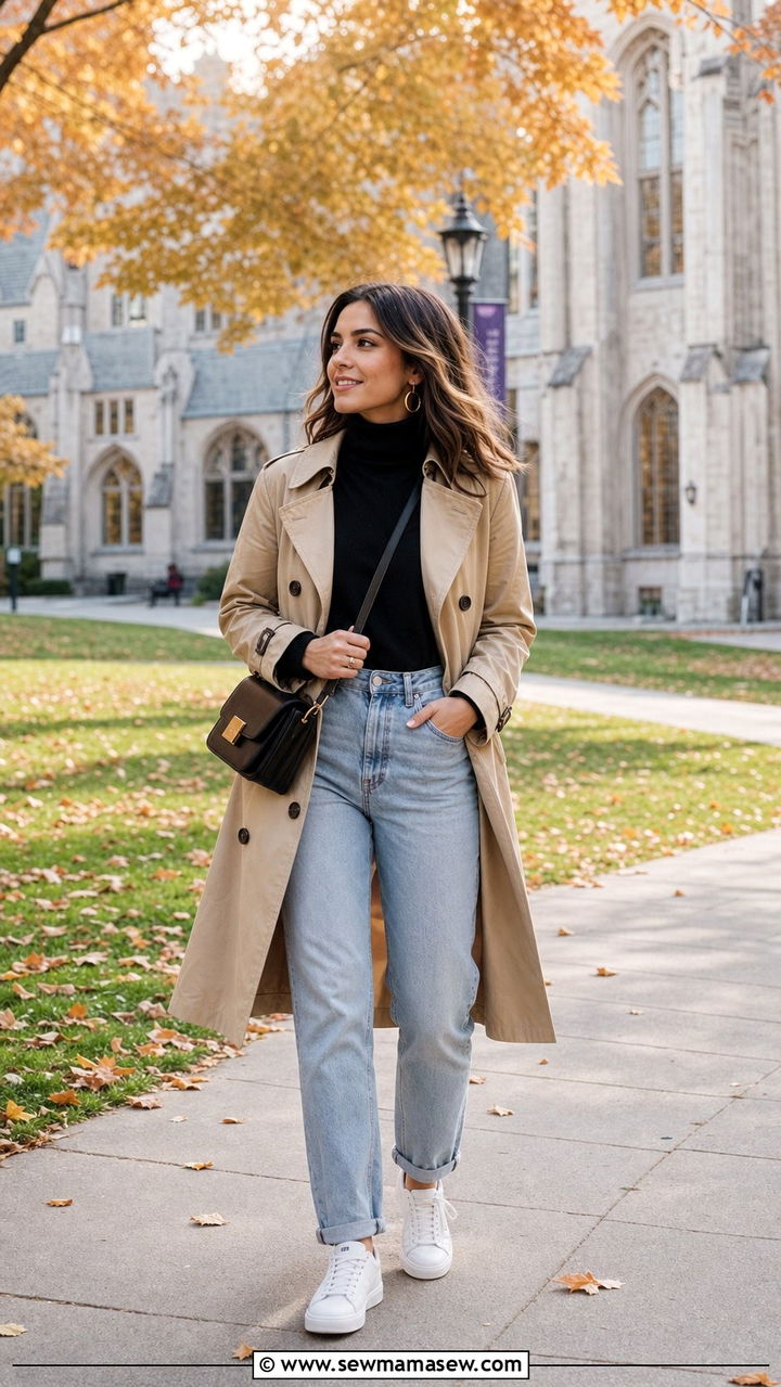Beige trench coat and mom jeans - 25 Clean girl outfit ideas for college