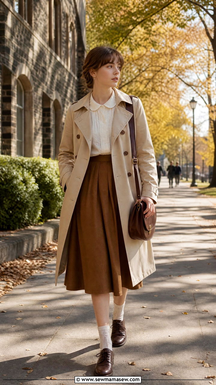 Beige trench coat and white blouse light academia outfit - 25 Light academia outfit ideas 2026