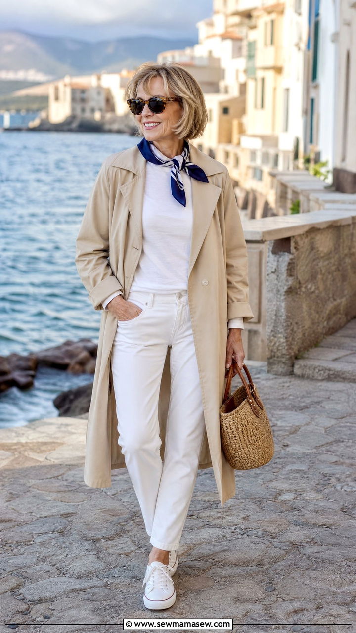 Beige trench coat and white jeans outfit - 30 Coastal grandmother outfits for women over 60