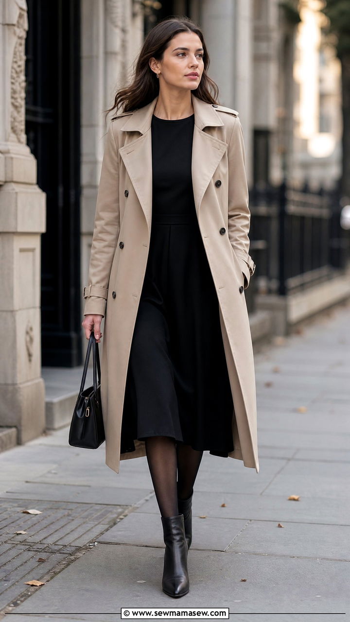 Beige trench coat over black dress - 35 Funeral outfit ideas for women