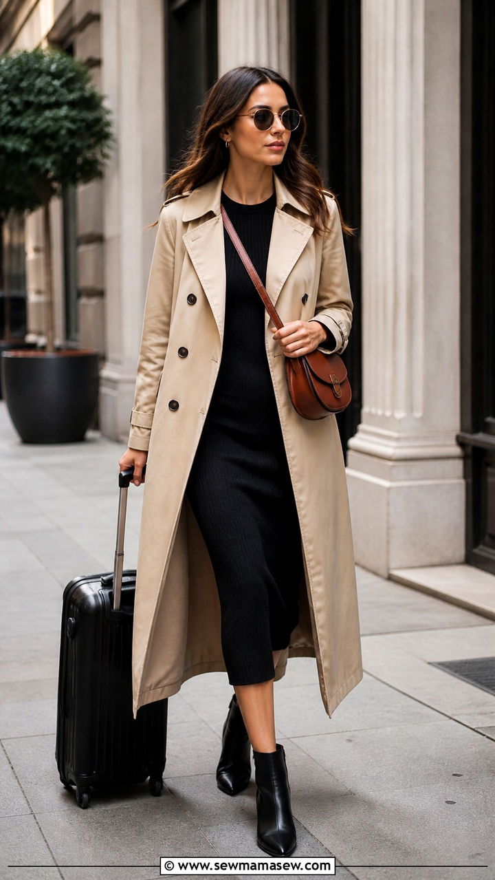 Beige trench coat over black midi dress - 40 Business trip outfit ideas