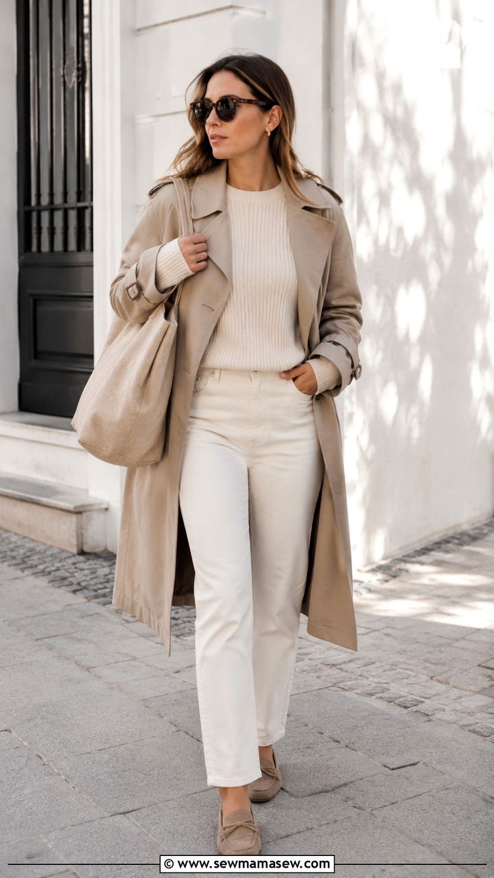 Beige trench coat over cream knit and ivory jeans - 30 quiet luxury capsule wardrobe outfits