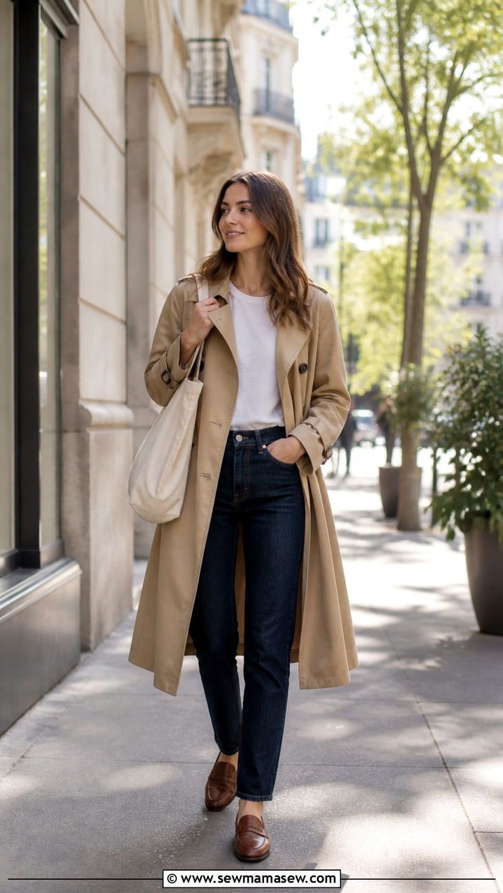 Beige trench coat over straight leg jeans and loafers - 40 elegant outfits