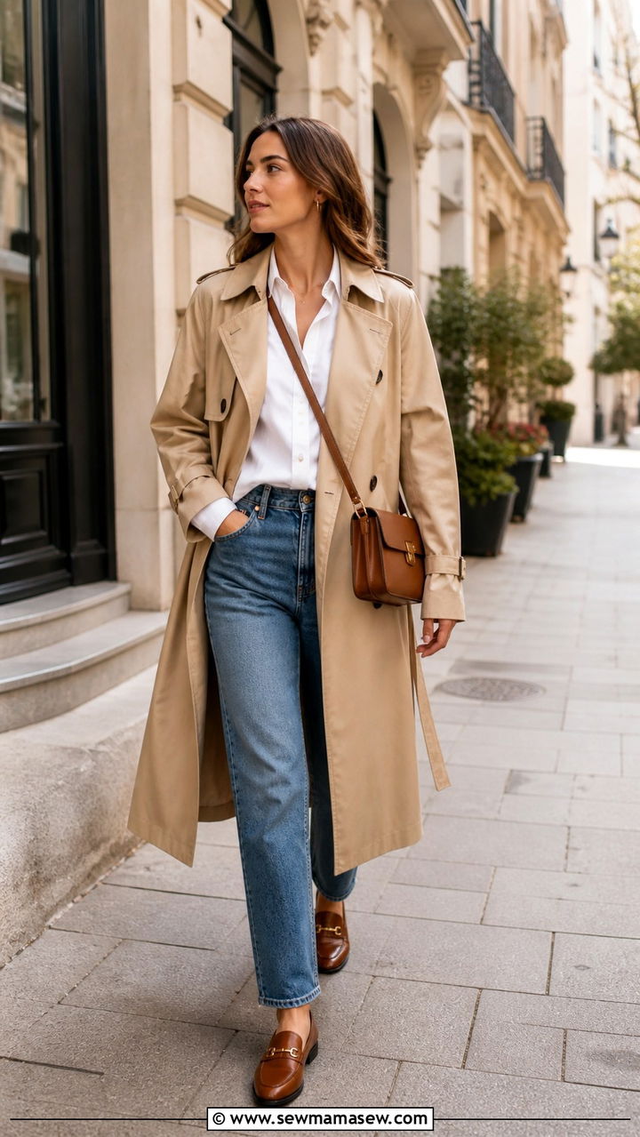 Beige trench coat over white shirt and straight leg jeans - 20 Architect outfit ideas