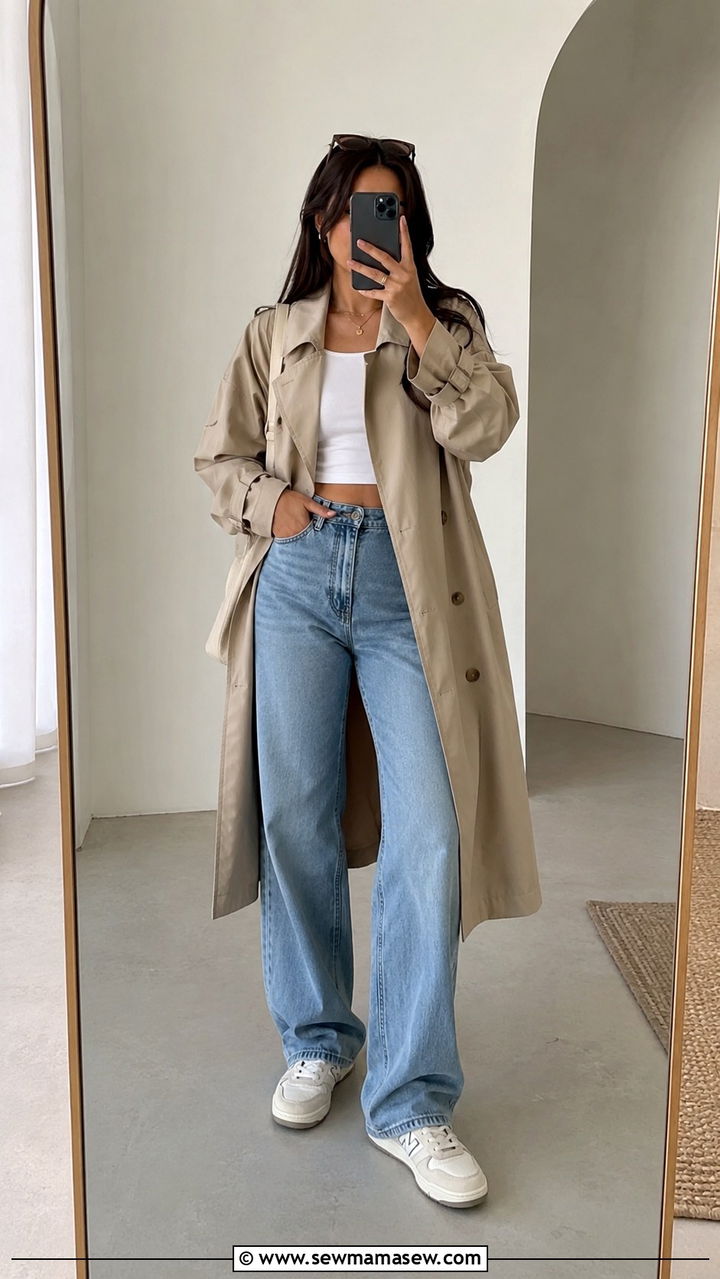 Beige trench coat with New Balance sneakers and wide leg jeans - 30 Long trench coat outfit ideas with sneakers