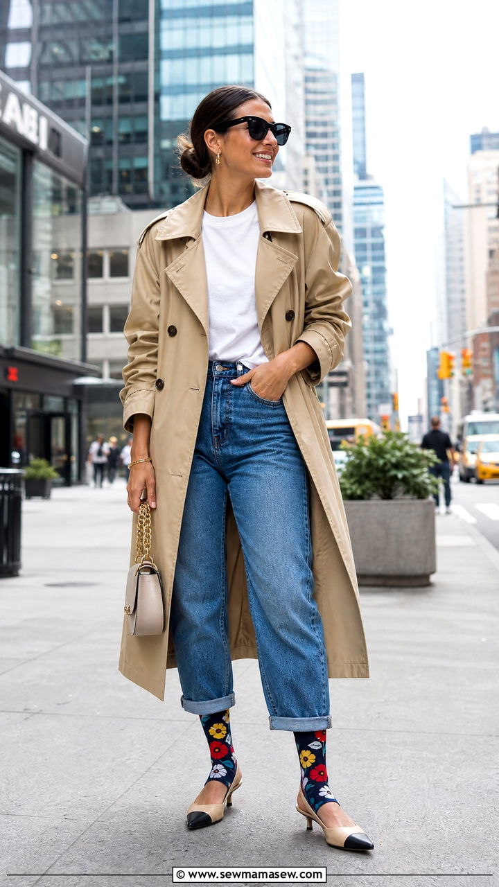 Beige trench coat with a colorful sock detail - 35 Mature woman outfit ideas