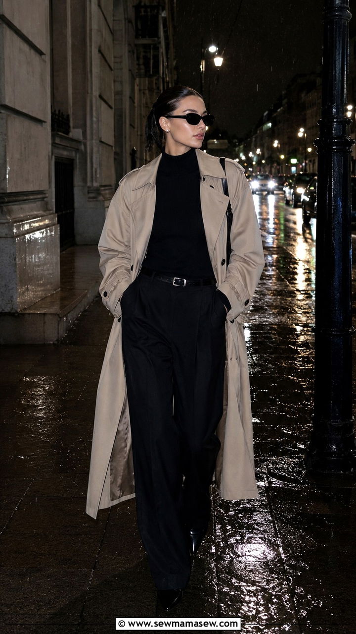 Beige trench coat with all black outfit - 30 Real estate agent outfit ideas