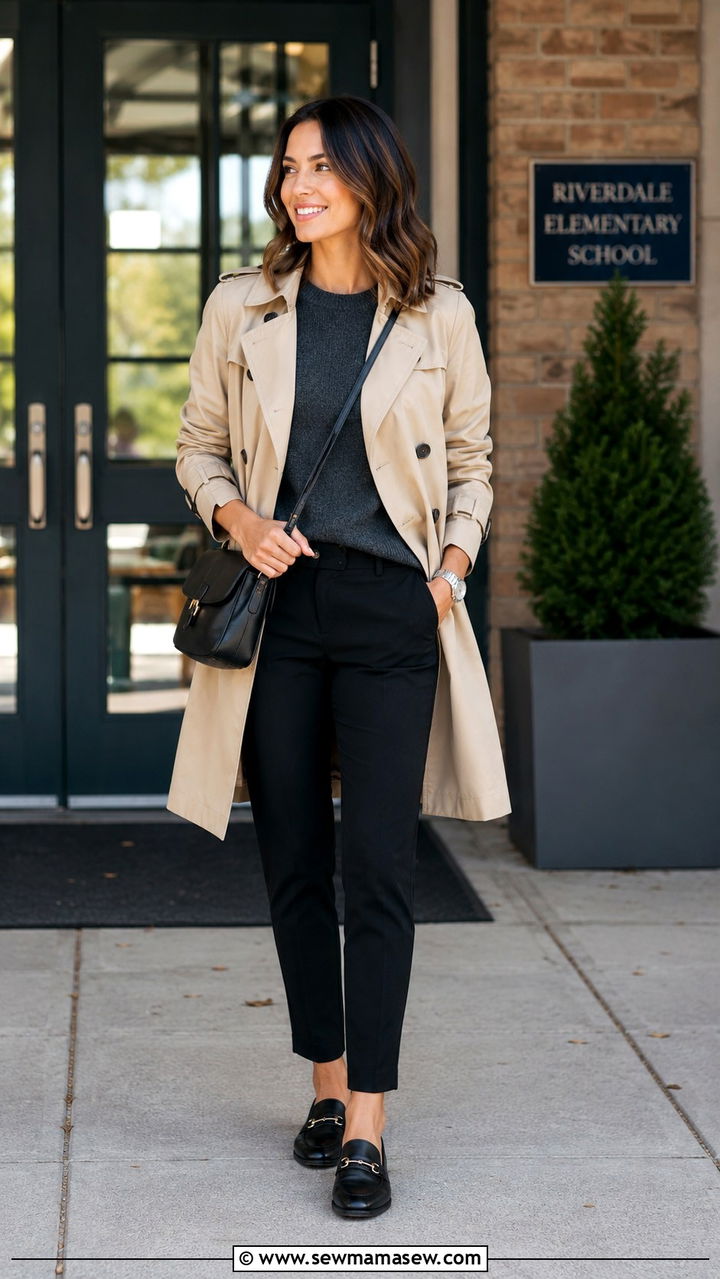 Beige trench coat with black ankle pants outfit - 30 Interview outfit ideas for teachers