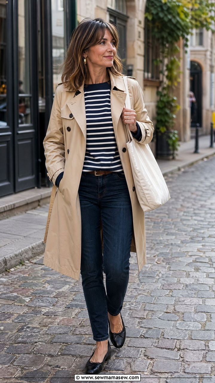 Beige trench coat with navy striped shirt and ballet flats - 35 French girl outfit ideas for women over 50